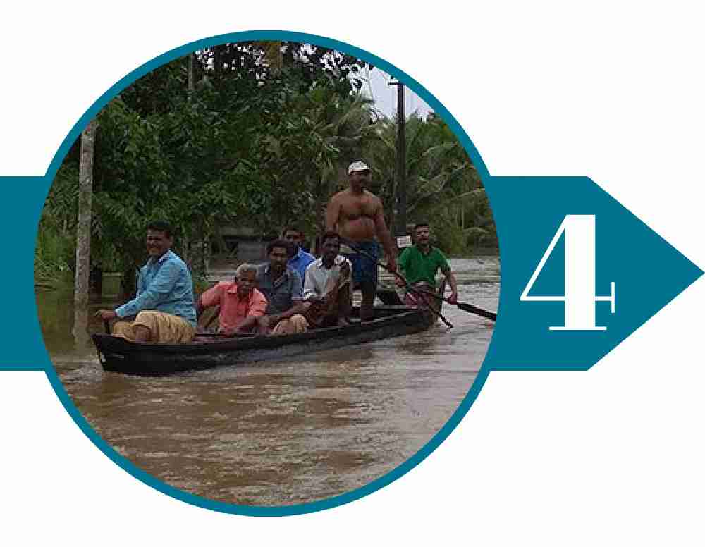 Group of people riding a rescue boat amid severe flooding