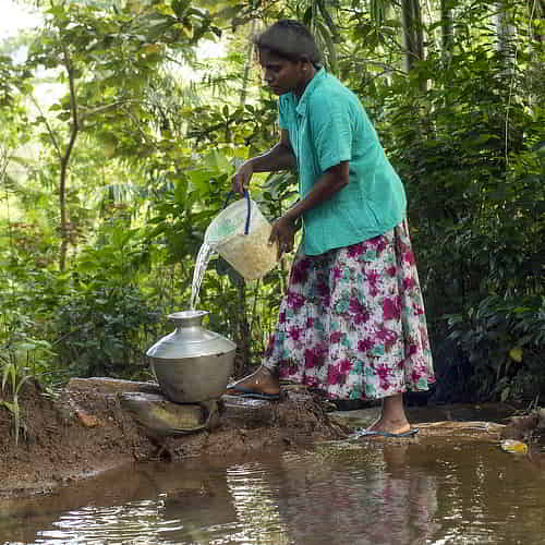 Woman collecting unclean water