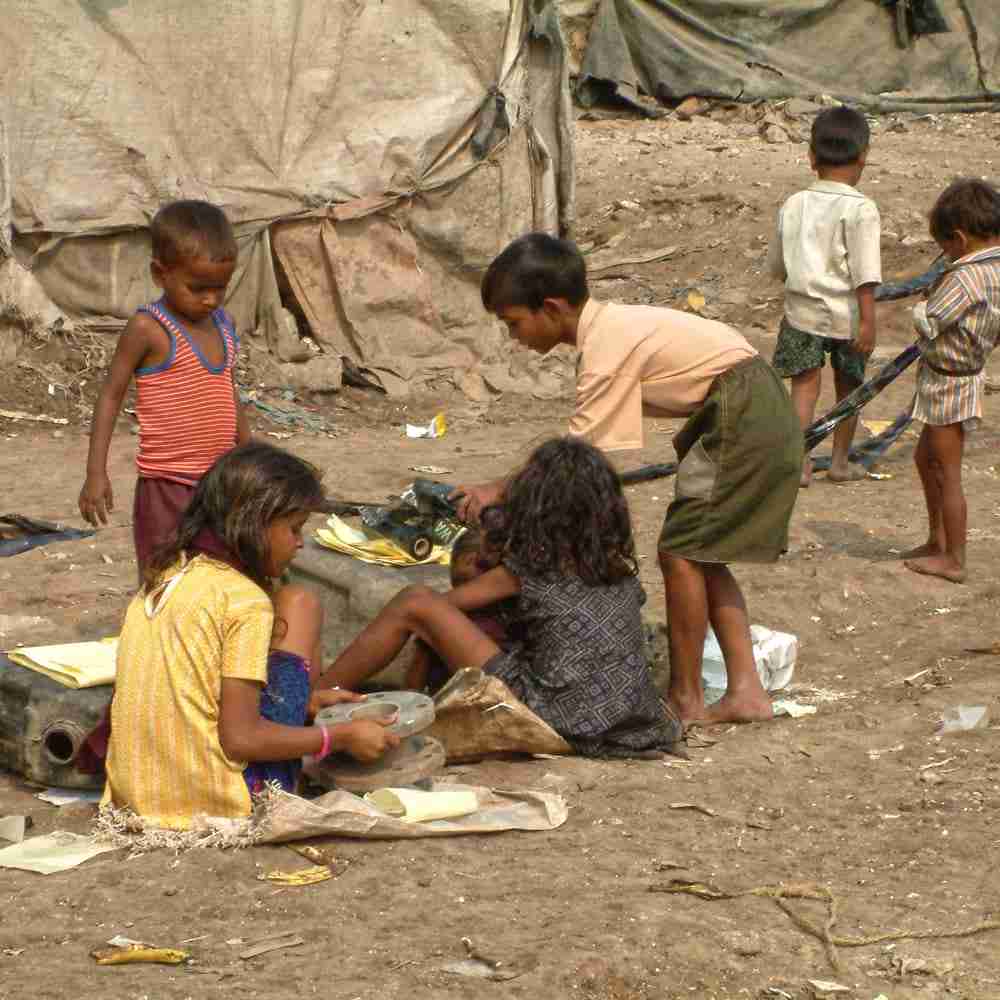 Group of children in poverty living in the slums