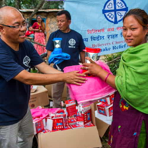 GFA World (Gospel for Asia) disaster relief supply distribution in the aftermath of an earthquake