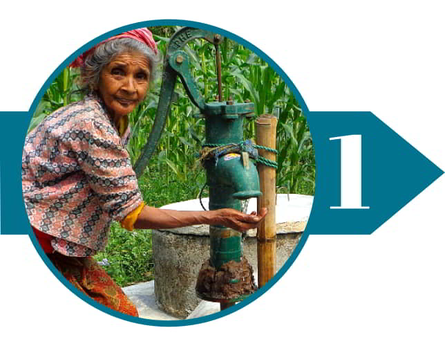 Elderly woman from Nepal drawing clean water through GFA World Jesus Wells