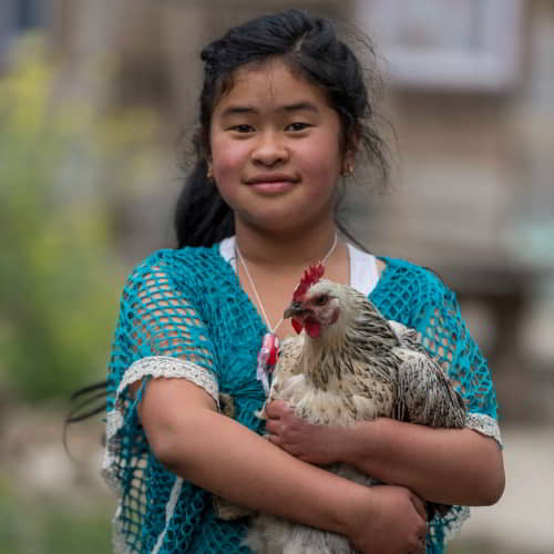 Girl from Nepal holding an income generating gift of a chicken received through GFA World